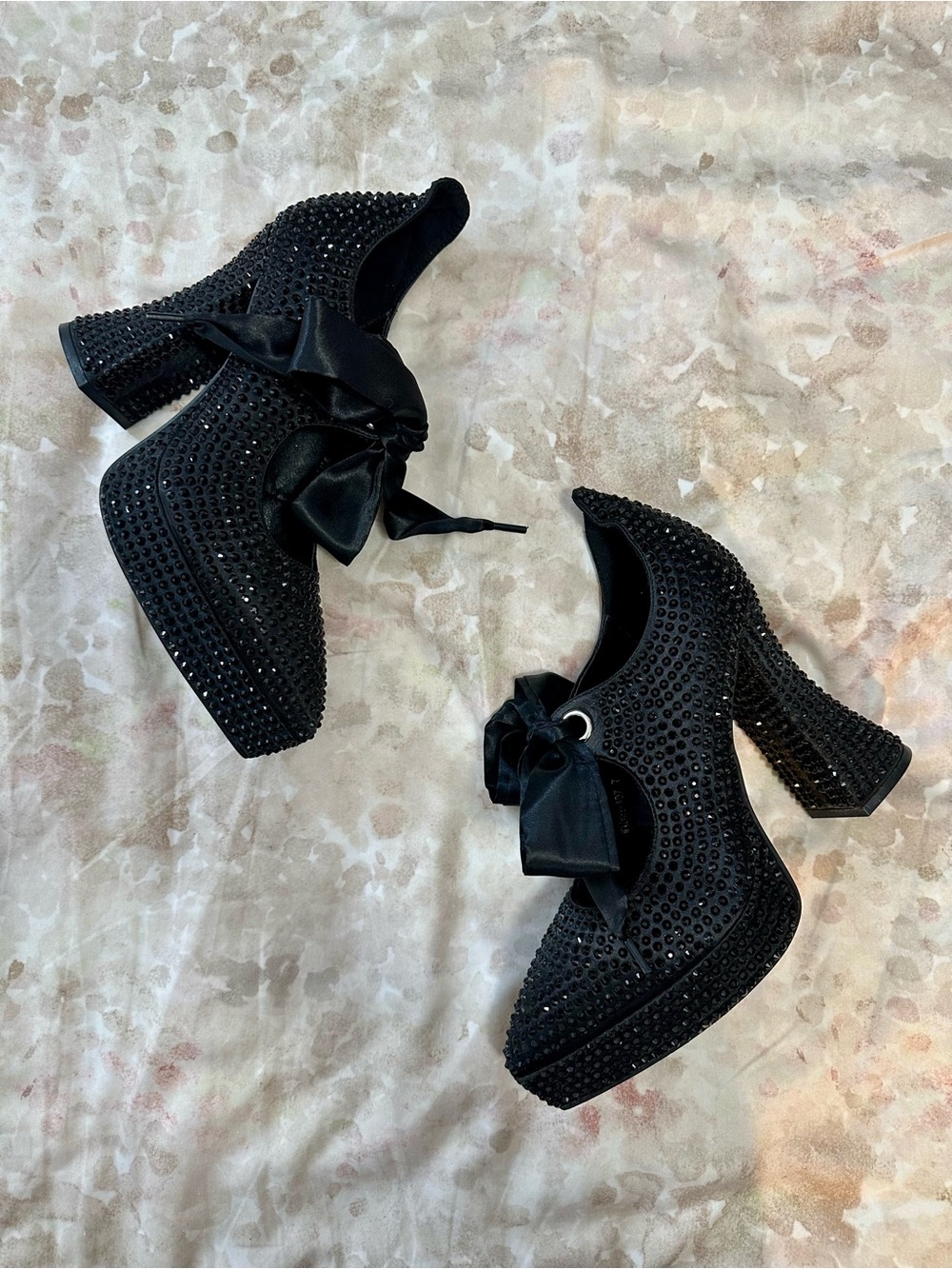 Dolls Kill Widow Black Crystal Platform Lace-Up Heels with Satin Bow
